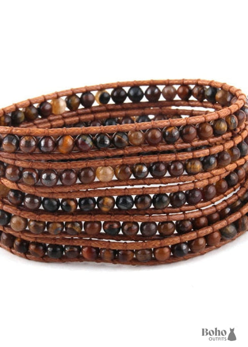 Pulsera Boho, RH, Pulsera de Cuero de 5 Capas, Piedras Naturales de 4 mm, Azul, Blanco y Negro